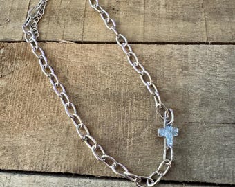 Silver Chin Link Choker Cross Necklace - Short Layering Necklace Horizontal Cross Pendant
