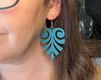 Handcrafted Light Blue Wood Scroll Design Earrings, Stunning Ornate Blue Stain Design, Natural Unfinished