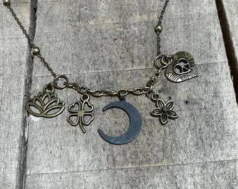 Bohemian Moon Charm Necklace - Bronze and Black Color