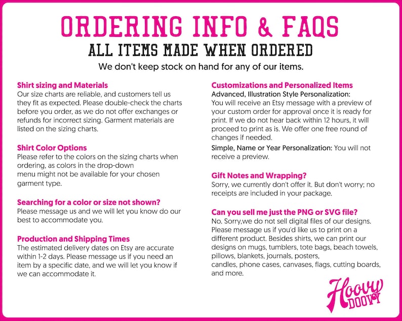 a list of ordering information and FAQs for a company that sells custom-made shirts. It provides details on how to order items, including the size charts, customizations, and gift notes. The text is written in a clear and organized manner, with a focus on providing useful information to customers.