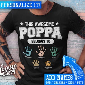 Personalized Handprint Shirt for Grandpa, Dad, Papa with Kids & Pets&#39; Names - Father&#39;s Day Gift