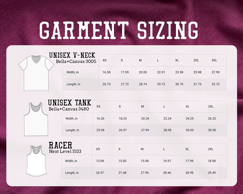 Puede incluir: Un gr&aacute;fico que muestra el tama&ntilde;o de la prenda para tres estilos diferentes de camisas: cuello en V, tanque y tanque de espalda de nadador. El gr&aacute;fico enumera las medidas de ancho y largo en pulgadas para cada tama&ntilde;o, de XS a 3XL.