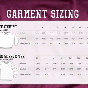 Puede incluir: Un gr&aacute;fico que muestra las medidas de tama&ntilde;o para dos tipos de camisas de manga larga: una sudadera y una camiseta de manga larga. El gr&aacute;fico incluye medidas de ancho, largo y largo de manga en pulgadas. La sudadera es una Gildan 18000 y la camiseta de manga larga es una Bella+Canvas 3501.