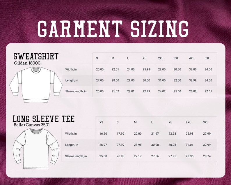 Puede incluir: Un gr&aacute;fico que muestra las medidas de tama&ntilde;o para dos tipos de camisas de manga larga: una sudadera y una camiseta de manga larga. El gr&aacute;fico incluye medidas de ancho, largo y largo de manga en pulgadas. La sudadera es una Gildan 18000 y la camiseta de manga larga es una Bella+Canvas 3501.