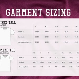 Puede incluir: Un gr&aacute;fico que muestra el tama&ntilde;o para camisetas unisex altas y camisetas para mujeres. El gr&aacute;fico incluye medidas de ancho, largo y hombros en pulgadas.