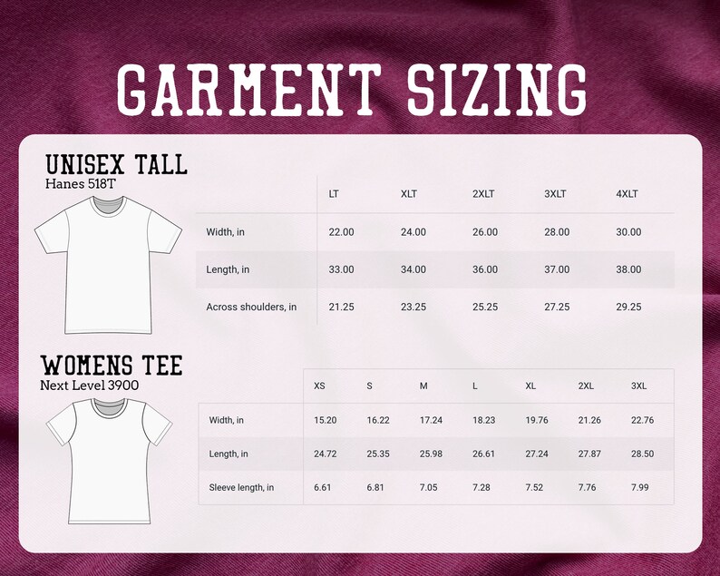 Puede incluir: Un gr&aacute;fico que muestra el tama&ntilde;o para camisetas unisex altas y camisetas para mujeres. El gr&aacute;fico incluye medidas de ancho, largo y hombros en pulgadas.