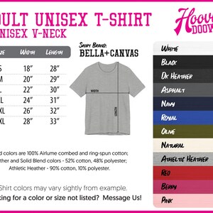 The image is an advertisement for adult unisex t-shirts and v-necks, featuring a gray t-shirt with size and color options listed below it.