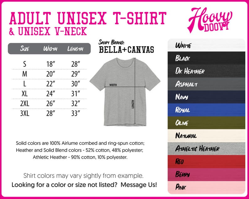 The image is an advertisement for adult unisex t-shirts and v-necks, featuring a gray t-shirt with size and color options listed below it.