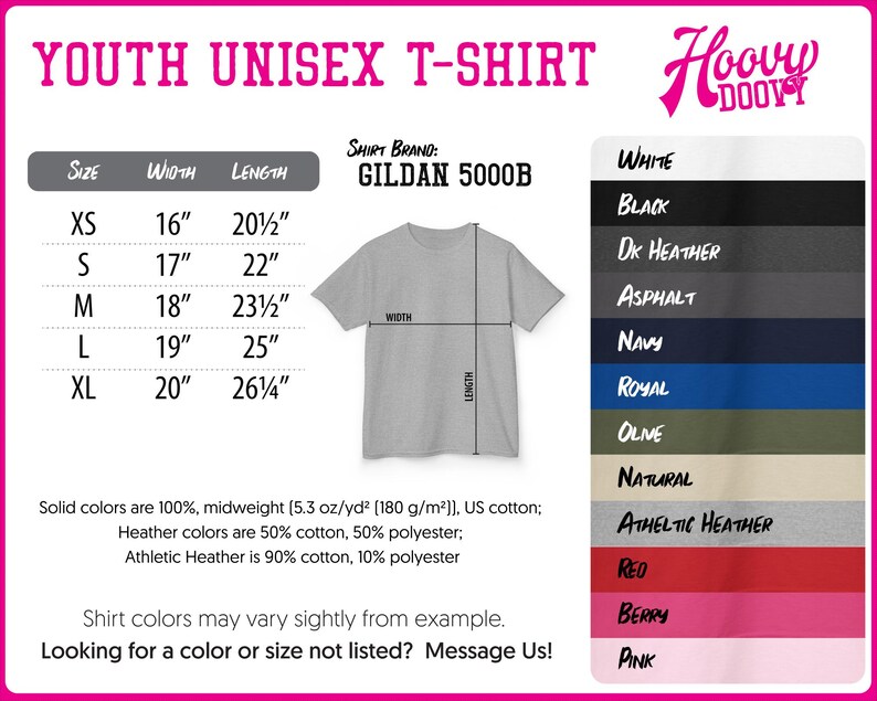 The image is a youth unisex t-shirt size chart, providing measurements and shirt color options for different age groups.