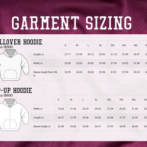 Puede incluir: Una tabla de tallas para sudaderas con capucha Gildan 18500 y 18600. La tabla muestra las medidas en pulgadas para sudaderas con capucha de cuello redondo y con cremallera en tallas de la S a la 5XL.