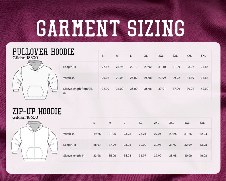 Puede incluir: Una tabla de tallas para sudaderas con capucha Gildan 18500 y 18600. La tabla muestra las medidas en pulgadas para sudaderas con capucha de cuello redondo y con cremallera en tallas de la S a la 5XL.