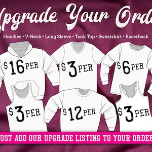 Puede incluir: Actualiza tu pedido con diferentes estilos de ropa. Elige entre sudaderas con capucha, cuellos en V, mangas largas, camisetas sin mangas, sudaderas y espalda nadadora. Los precios van de 3 &euro; a 16 &euro; por actualizaci&oacute;n.