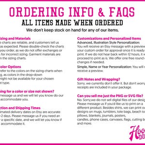 a list of ordering information and FAQs for a company that sells custom-made shirts. It provides details on how to order items, including the size charts, customizations, and gift notes. The text is written in a clear and organized manner, with a focus on providing useful information to customers.