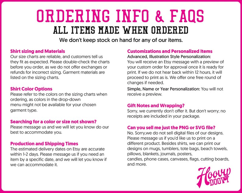 a list of ordering information and FAQs for a company that sells custom-made shirts. It provides details on how to order items, including the size charts, customizations, and gift notes. The text is written in a clear and organized manner, with a focus on providing useful information to customers.