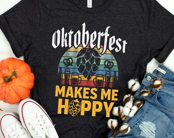 Retro Oktoberfest Makes Me Hoppy Beer Lover Shirt. Fall German Beer Festival Shirt. Beer hops Shirt