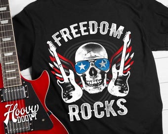 Freedom Rocks T-Shirt – Patriotic Skull Shirt, USA Rock Music Tee, 4th of July Shirt, Guitar Shirt, American Rock Band Gift