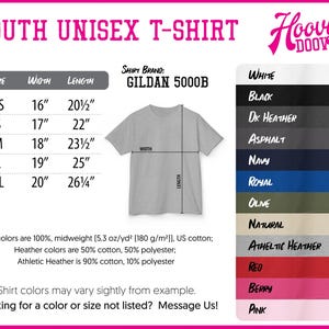 The image is a youth unisex t-shirt size chart, providing measurements and shirt color options for different age groups.