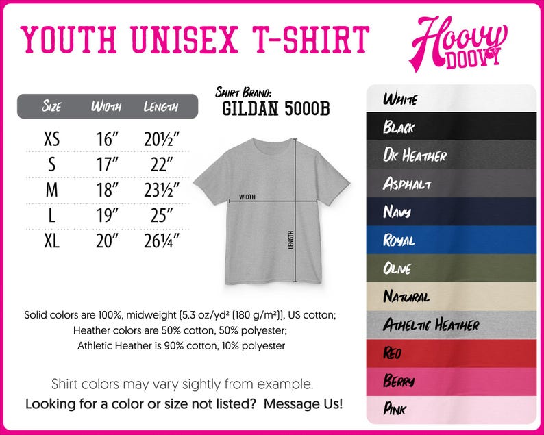 The image is a youth unisex t-shirt size chart, providing measurements and shirt color options for different age groups.