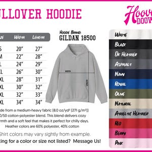 The image is a pullover hoodie with a size chart and color options. The hoodie is a GILDA 18500, and it is available in various colors such as White, Black, DK Heather, Asphalt, Navy, Royal, Olive, Natural, Athletic Heather, Red, Berry, and Pink. The image shows a close-up of the hoodie, and the text provides information about the size, width, and length of the hoodie, as well as the color options available.