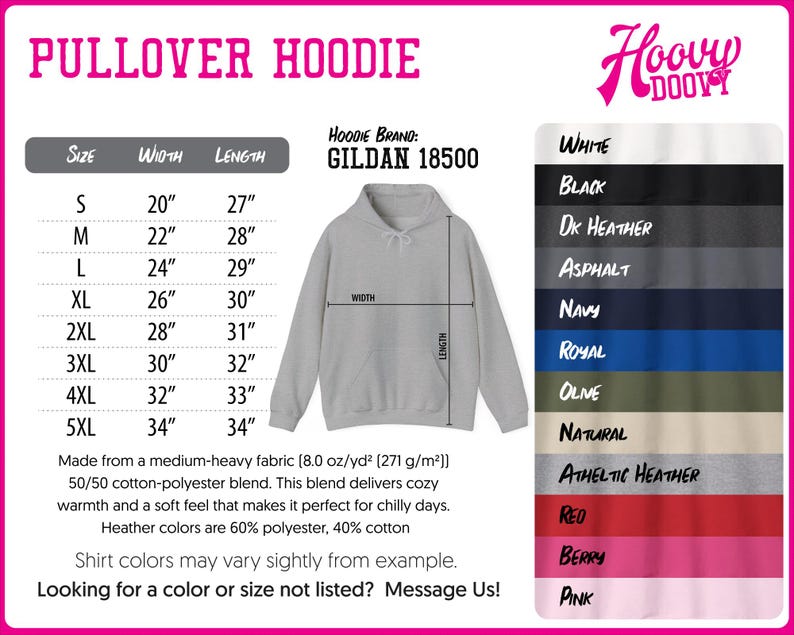 The image is a pullover hoodie with a size chart and color options. The hoodie is a GILDA 18500, and it is available in various colors such as White, Black, DK Heather, Asphalt, Navy, Royal, Olive, Natural, Athletic Heather, Red, Berry, and Pink. The image shows a close-up of the hoodie, and the text provides information about the size, width, and length of the hoodie, as well as the color options available.