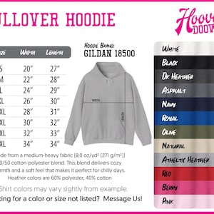 The image is a pullover hoodie with a size chart and color options. The hoodie is a GILDA 18500, and it is available in various colors such as White, Black, DK Heather, Asphalt, Navy, Royal, Olive, Natural, Athletic Heather, Red, Berry, and Pink. The image shows a close-up of the hoodie, and the text provides information about the size, width, and length of the hoodie, as well as the color options available.