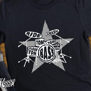 Funny Drum Kit T-Shirt with Labeled Parts | Musician Gift Tee for Drummers, Percussionists, and Bandmates | Rock & Roll Drum Shirt