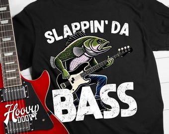 Funny Bass Playing Bass Guitar T-Shirt: Graphic Tee for Bass Players and Fishermen. Slappin' Da Bass Retro Bass Playing Fish Shirt