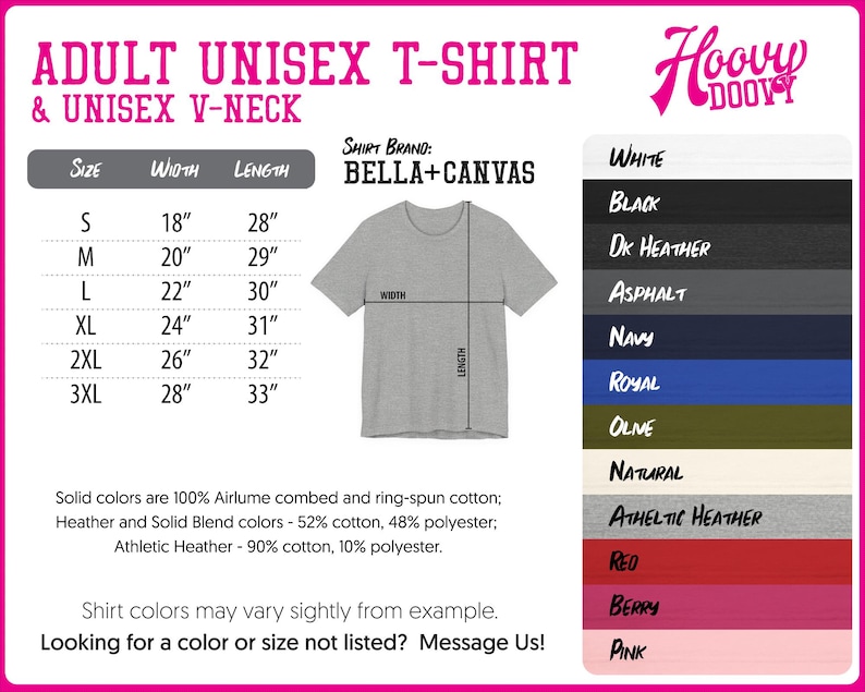 The image is an advertisement for adult unisex t-shirts and v-necks, featuring a gray t-shirt with size and color options listed below it.
