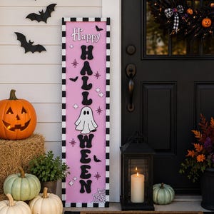 Pink Halloween Porch Leaner, Ghost Porch Sign, Cute Spooky Decor, Pastel Halloween Decor, Modern Outdoor Halloween Decoration image 1