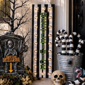 Beetle Juice Halloween Sign, Spooky Porch Leaner, Front Door Decor, Beetlejuice inspired Decoration With Lights, Gothic Porch Sign