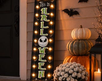 Halloween Porch Leaner with Lights, Skeleton Porch Sign, Spooky Front Porch Decor, Halloween Entryway Sign