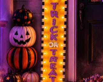 Trick Or Treat Porch Leaner With Lights, Halloween Porch Sign, Cute Spooky Front Porch Decor, Light Up Halloween Sign