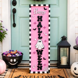 Pink Halloween Porch Leaner, Ghost Porch Sign, Cute Spooky Decor, Pastel Halloween Decor, Modern Outdoor Halloween Decoration image 6
