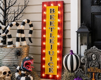 Beetle juice Porch Leaner, Halloween Porch Decor, Lighted Halloween Sign, Beetlejuice Inspired Decor, Spooky Porch Sign, Ghost With The Most