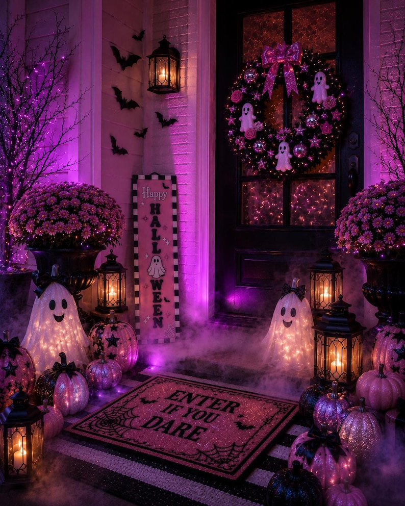 Pink Halloween Porch Leaner, Ghost Porch Sign, Cute Spooky Decor, Pastel Halloween Decor, Modern Outdoor Halloween Decoration image 7