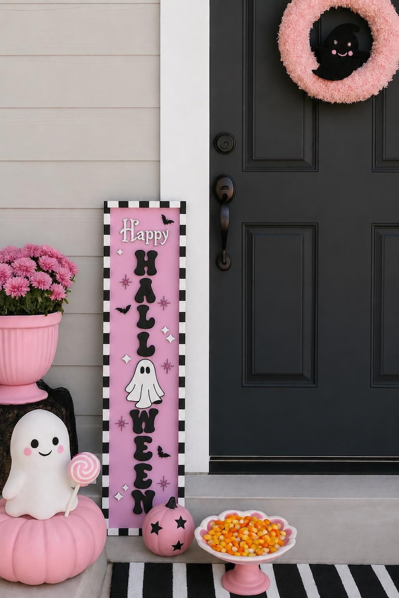 Pink Halloween Porch Leaner, Ghost Porch Sign, Cute Spooky Decor, Pastel Halloween Decor, Modern Outdoor Halloween Decoration image 12