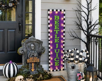 Beetle Juice Sign, Purple Halloween Porch Leaner, Spooky Front Porch Decor, Whimsical Entryway Sign, Lighted Beetlejuice Decor