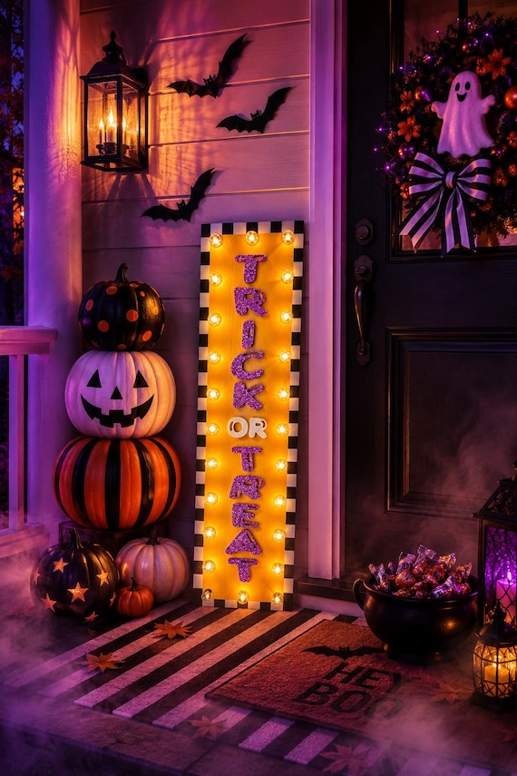 Trick Or Treat Porch Leaner With Lights, Halloween Porch Sign, Cute Spooky Front Porch Decor, Light Up Halloween Sign