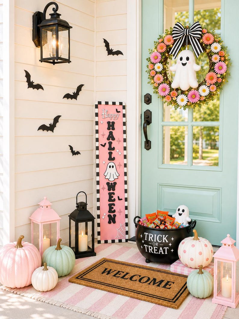 Pink Halloween Porch Leaner, Ghost Porch Sign, Cute Spooky Decor, Pastel Halloween Decor, Modern Outdoor Halloween Decoration image 8