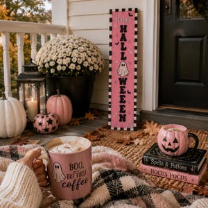 Pink Halloween Porch Leaner, Ghost Porch Sign, Cute Spooky Decor, Pastel Halloween Decor, Modern Outdoor Halloween Decoration image 10
