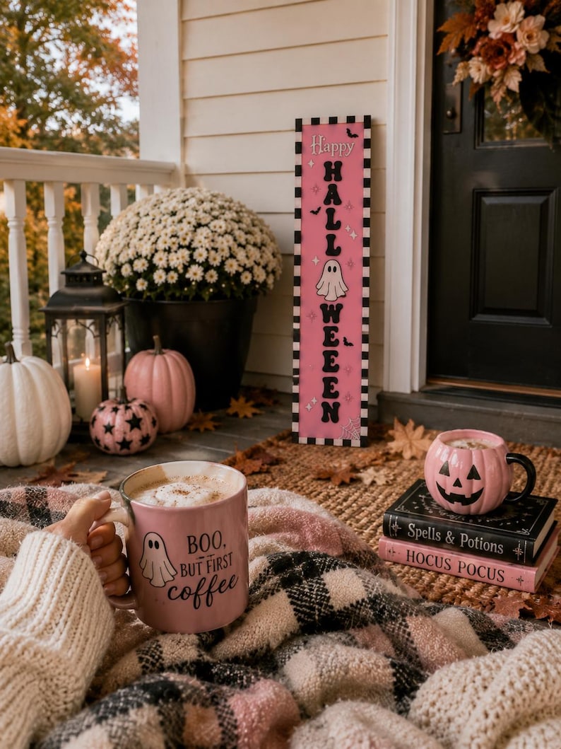 Pink Halloween Porch Leaner, Ghost Porch Sign, Cute Spooky Decor, Pastel Halloween Decor, Modern Outdoor Halloween Decoration image 10