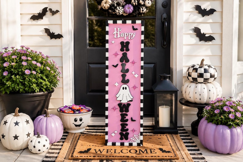Pink Halloween Porch Leaner, Ghost Porch Sign, Cute Spooky Decor, Pastel Halloween Decor, Modern Outdoor Halloween Decoration image 19