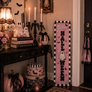Pink Halloween Porch Leaner, Ghost Porch Sign, Cute Spooky Decor, Pastel Halloween Decor, Modern Outdoor Halloween Decoration image 13