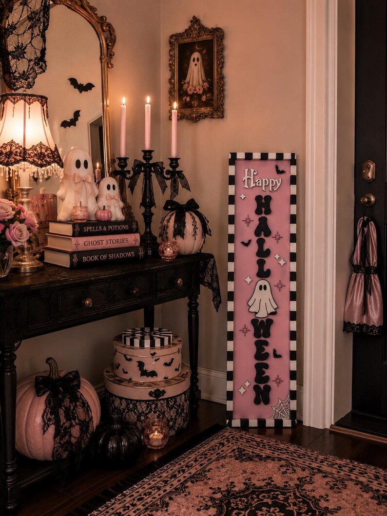 Pink Halloween Porch Leaner, Ghost Porch Sign, Cute Spooky Decor, Pastel Halloween Decor, Modern Outdoor Halloween Decoration image 13
