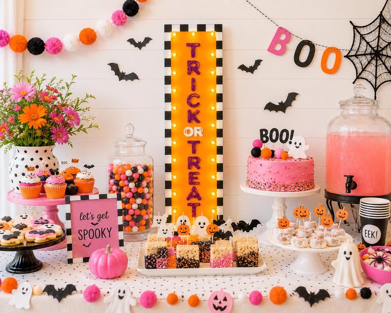 Puede incluir: Una mesa de postres tem&aacute;tica de Halloween con un letrero luminoso naranja que dice TRICK OR TREAT, un pastel rosa con un adorno de BOO, un frasco de dulces coloridos, cupcakes, galletas y golosinas decoradas con figuras de fantasmas y calabazas.