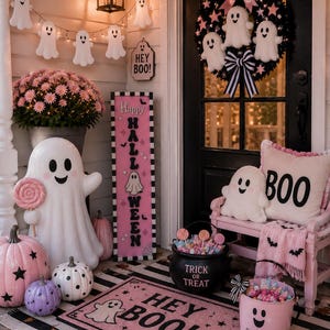 Pink Halloween Porch Leaner, Ghost Porch Sign, Cute Spooky Decor, Pastel Halloween Decor, Modern Outdoor Halloween Decoration image 9
