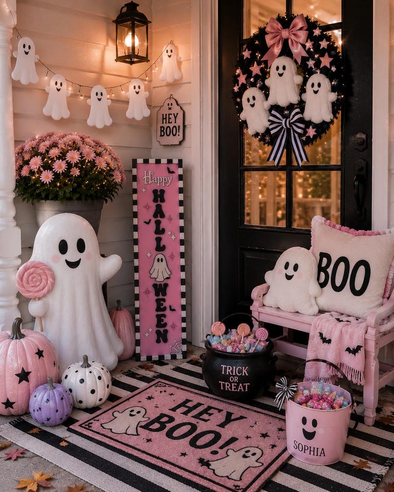 Pink Halloween Porch Leaner, Ghost Porch Sign, Cute Spooky Decor, Pastel Halloween Decor, Modern Outdoor Halloween Decoration image 9