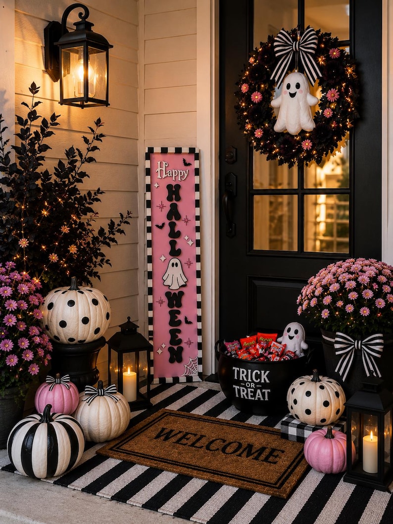 Pink Halloween Porch Leaner, Ghost Porch Sign, Cute Spooky Decor, Pastel Halloween Decor, Modern Outdoor Halloween Decoration image 18