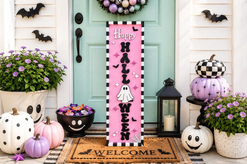 Pink Halloween Porch Leaner, Ghost Porch Sign, Cute Spooky Decor, Pastel Halloween Decor, Modern Outdoor Halloween Decoration image 6