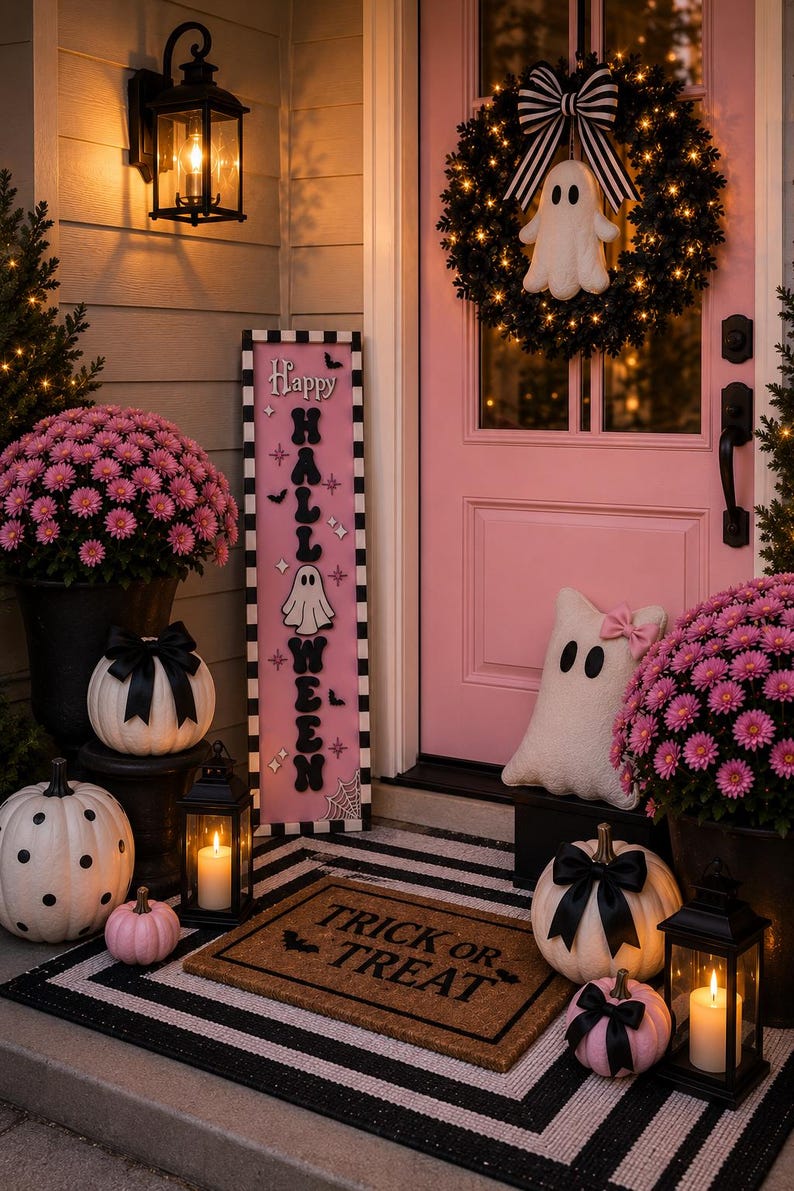Pink Halloween Porch Leaner, Ghost Porch Sign, Cute Spooky Decor, Pastel Halloween Decor, Modern Outdoor Halloween Decoration image 11
